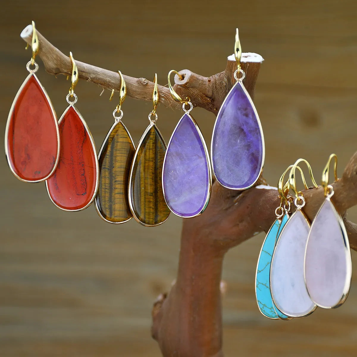 Vintage long water drop stone earrings in five colour options with textured surface