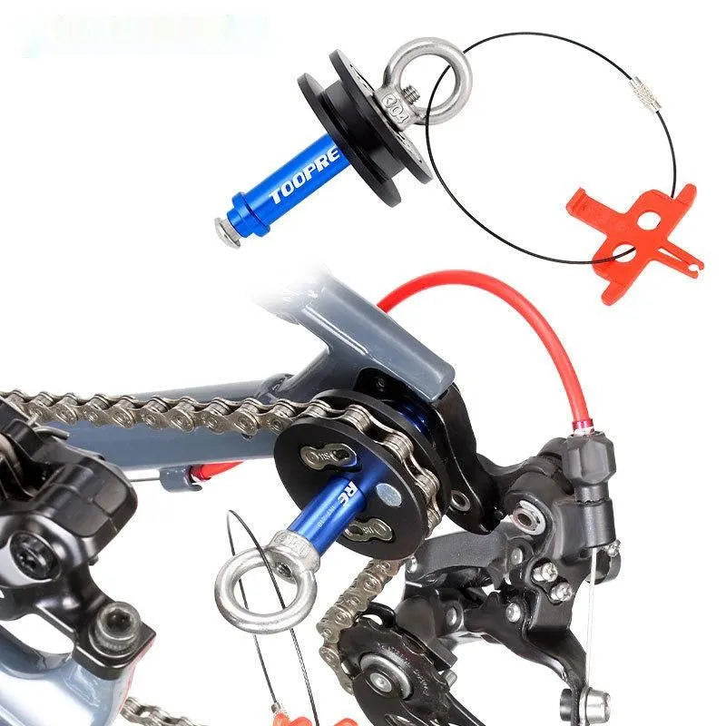 Aluminium bicycle chain holder and tensiometer tool in three versions: barrel shaft, basic, and quick release.