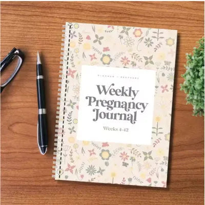 A5 Pregnancy Weekly Diary Notebook open showing weekly layout pages