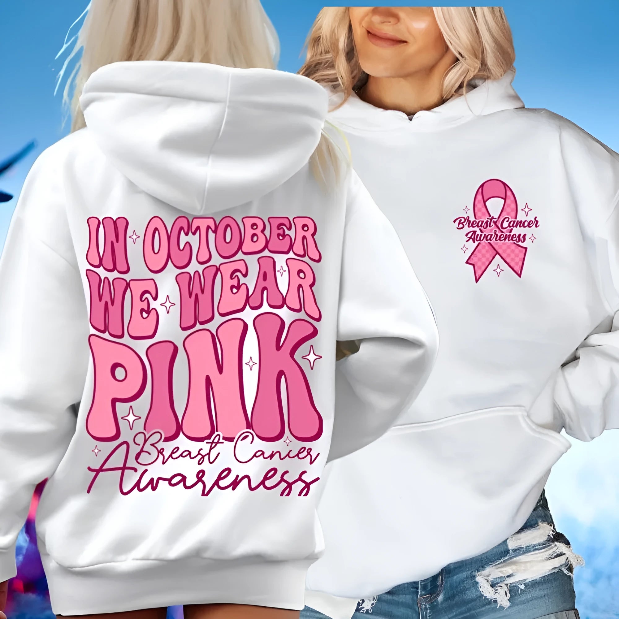 Women's pink breast cancer awareness pullover hoodie with a retro graphic design and side seam pockets.