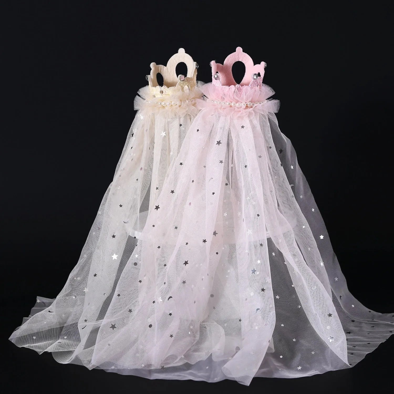 Pet cat wearing princess crown headdress with beige crown veil accessory