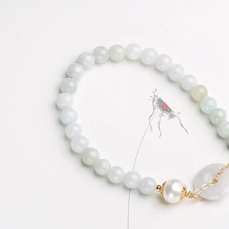 Natural emerald green jade peace buckle pearl bracelet for women with geometric design