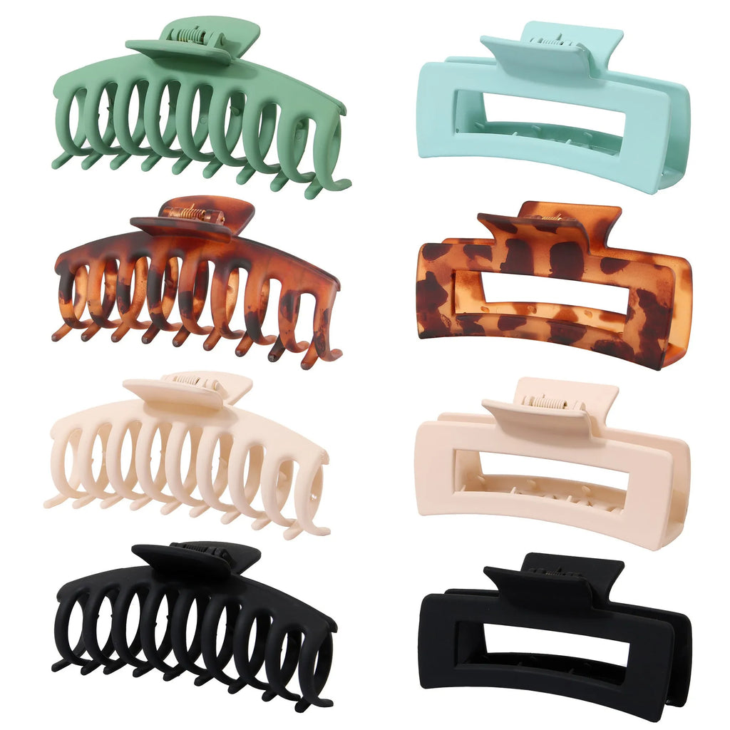 Six plastic hair clips with frosted grip and quadrilateral design in nude and rose red colours
