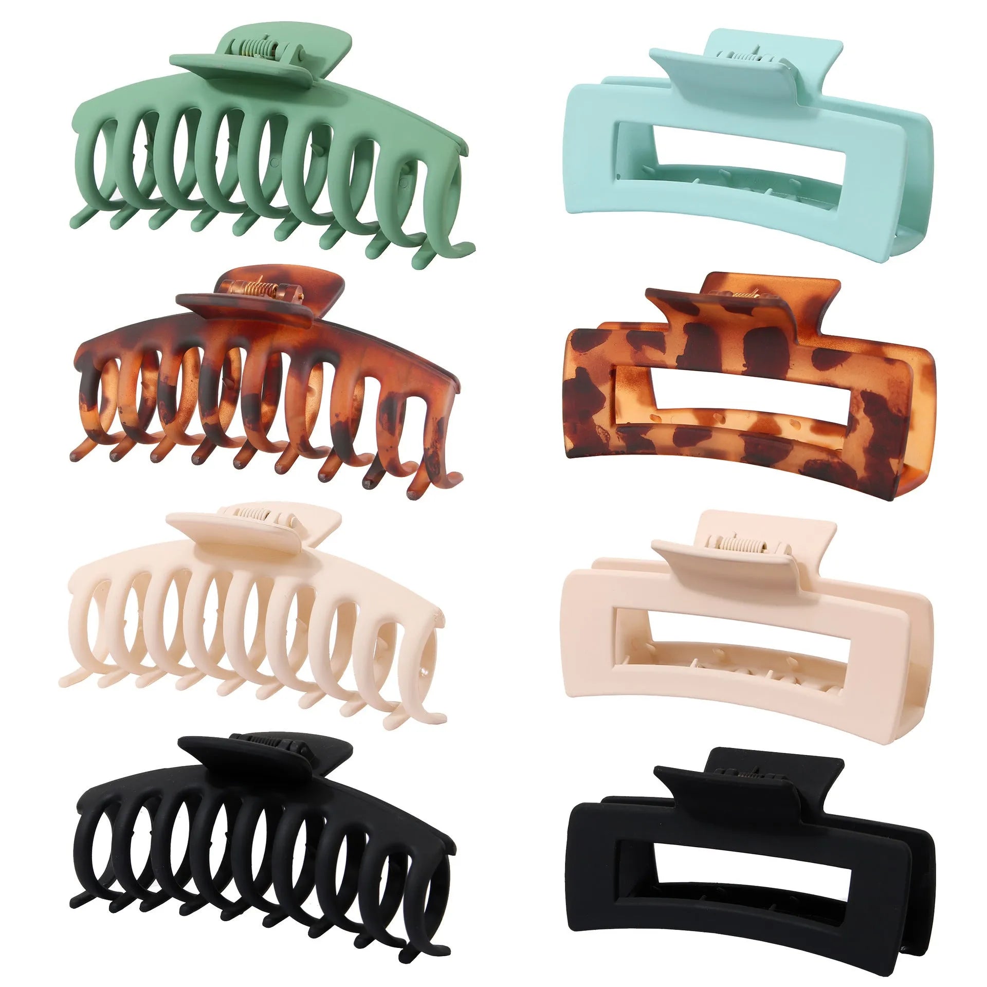 Six plastic hair clips with frosted grip and quadrilateral design in nude and rose red colours