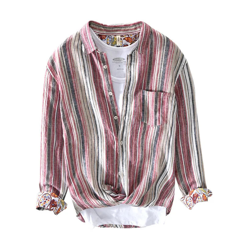Men's loose fit linen striped shirt with long sleeves in red or grey colour options.