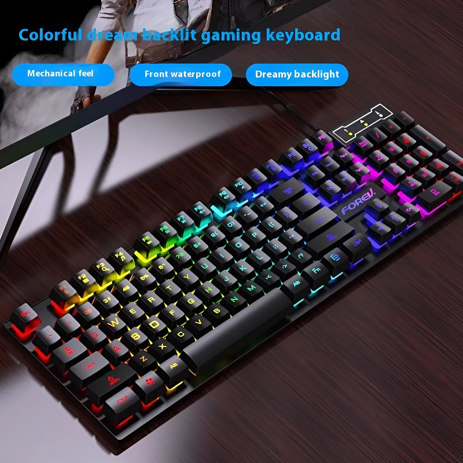 Black portable gaming keyboard with backlit keys and gaming mouse set on desktop