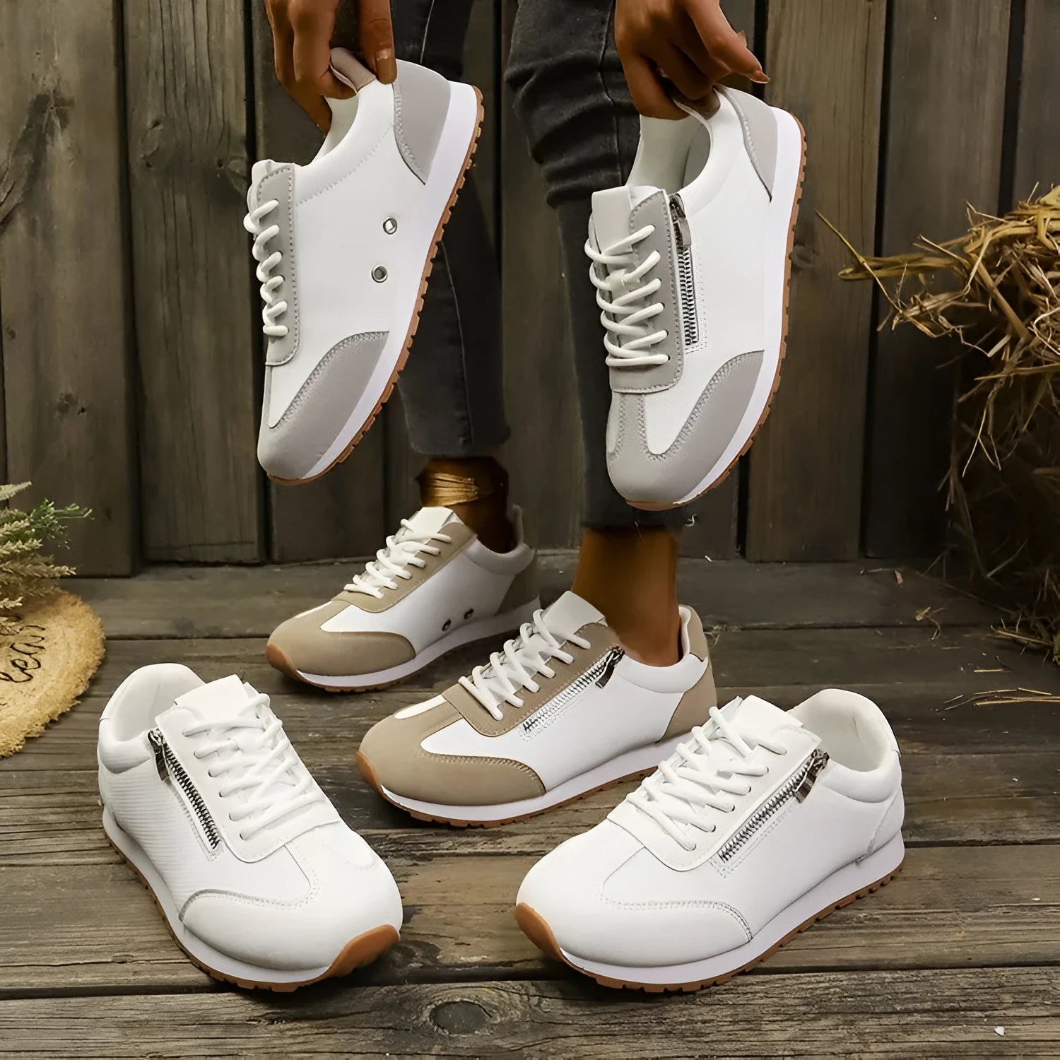 Women's flat-heeled shoes in champagne, grey, and white colours with synthetic PU upper and rubber sole