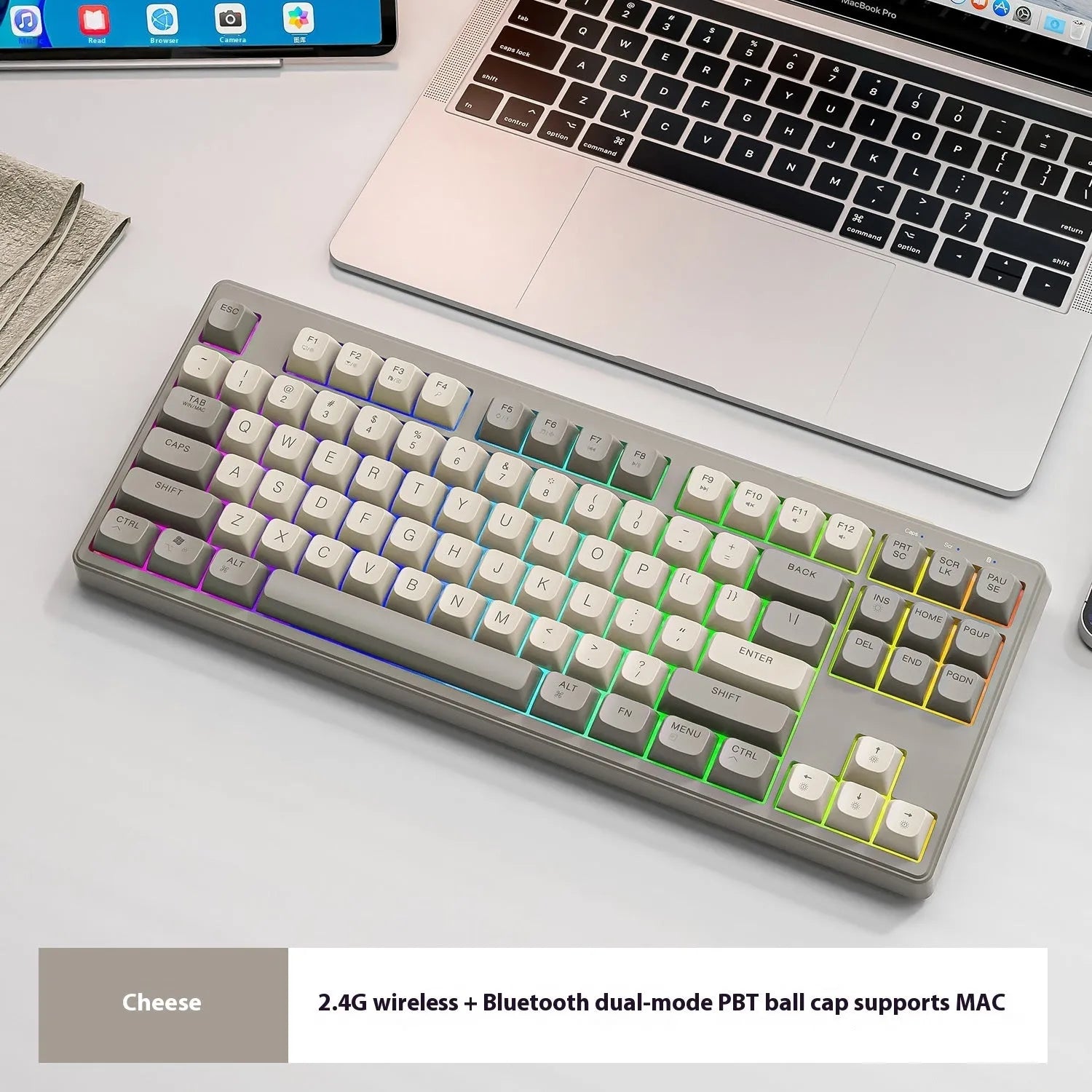Wireless Bluetooth dual-mode keyboard in compact 38cm design with USB cable and receiver