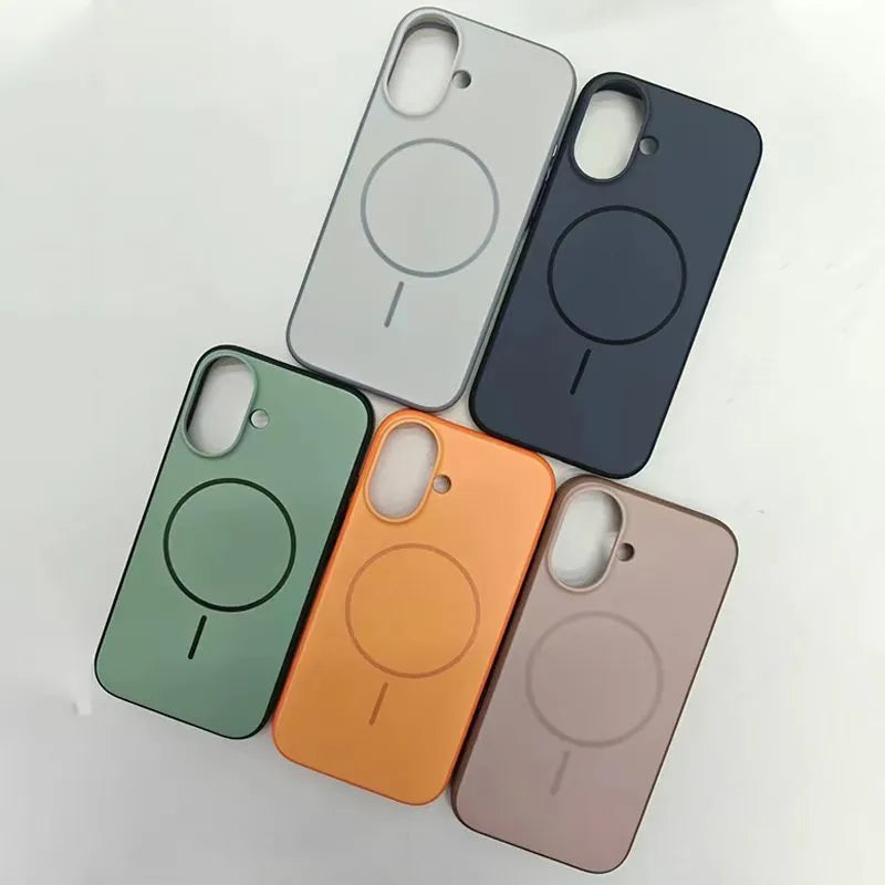 Blue frosted magnetic iPhone case with a protruding AI camera button on the side.