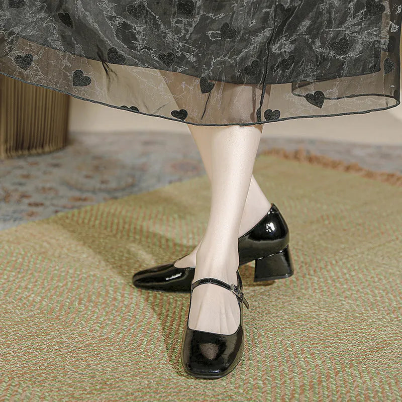 Women's square toe patent leather Mary Jane shoes with buckle and pearl detail, mid heel, low top, available in black, apricot, silver