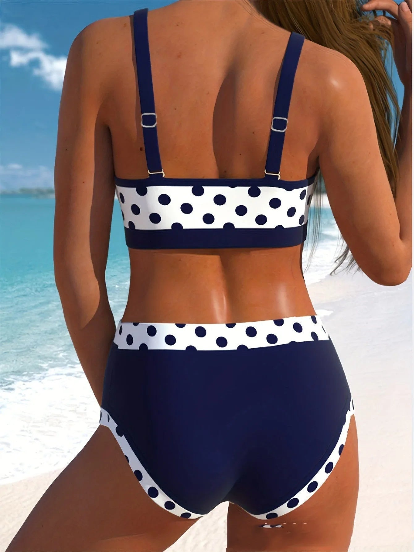 Women's split swimsuit bikini set with multicolor small dots pattern and conservative briefs design