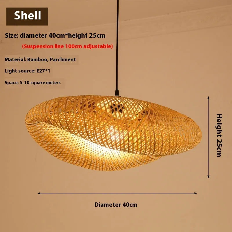 Chinese Zen style bamboo chandelier lamp with a 40cm diameter shell.