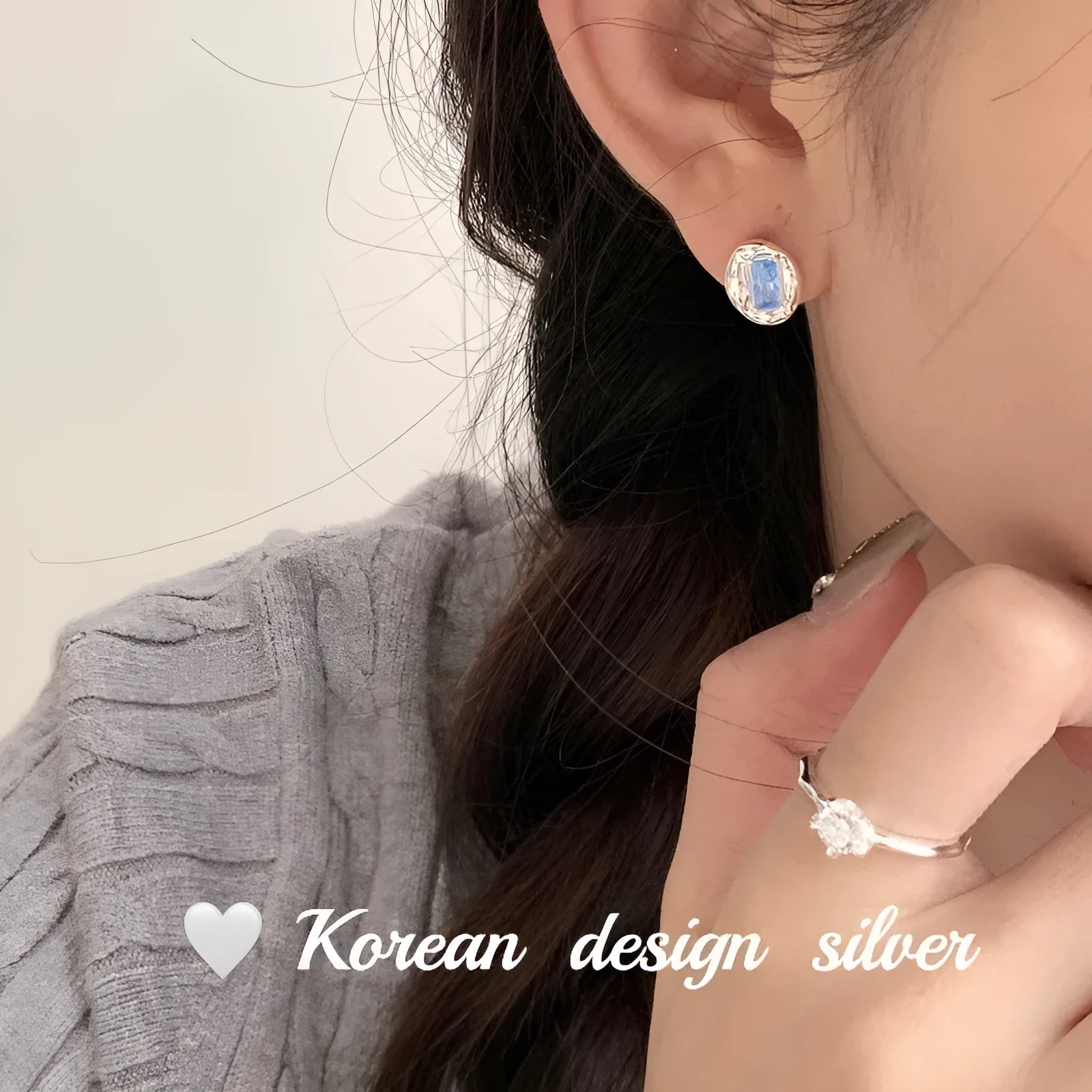 S925 sterling silver oval blue diamond heart-wrapped earrings for women silver colour geometric drop earrings