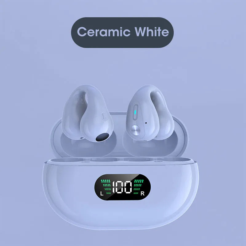 Q80 bone conduction Bluetooth clip headset in black, white, or khaki colour with ear clip design.
