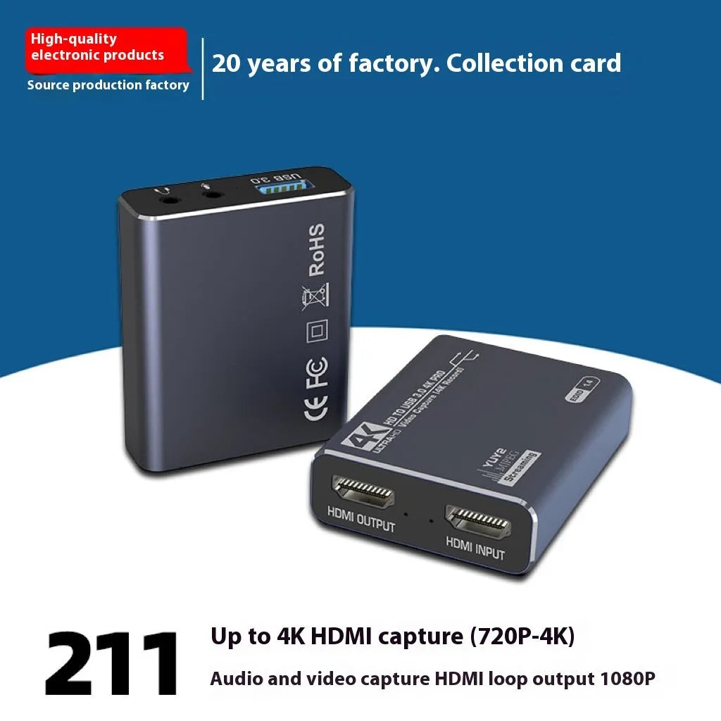 Black 4K gaming set-top box recording audio device with MS2131 chip for 1080 resolution capture