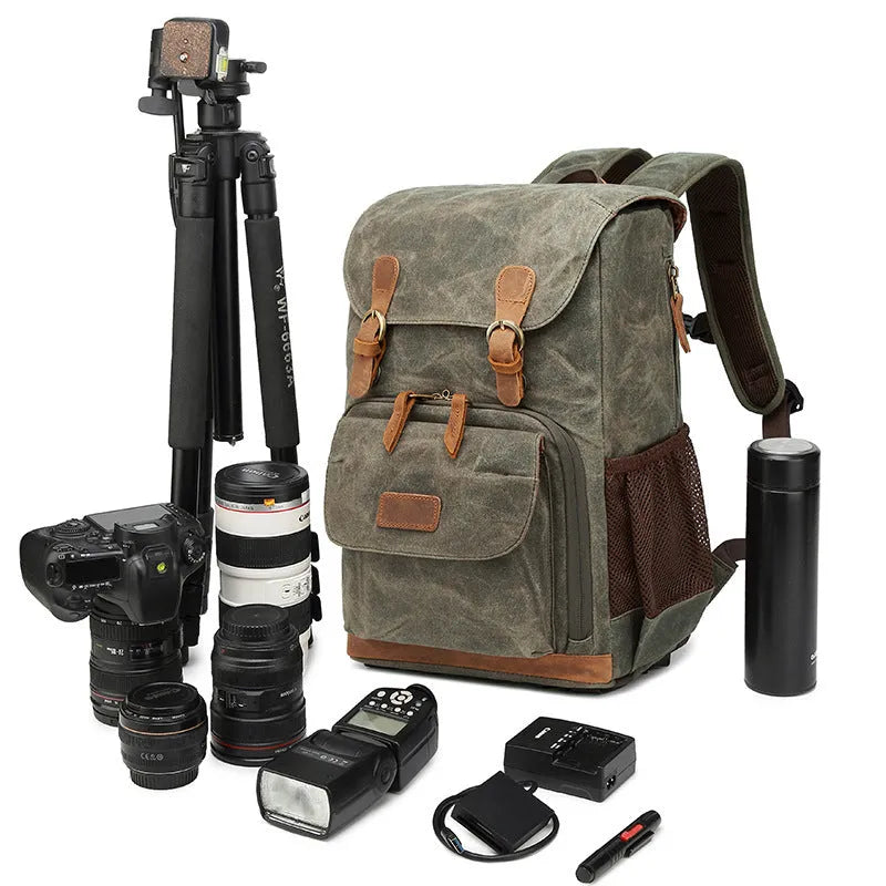 Canvas DSLR camera backpack in khaki colour with waterproof and anti-theft features