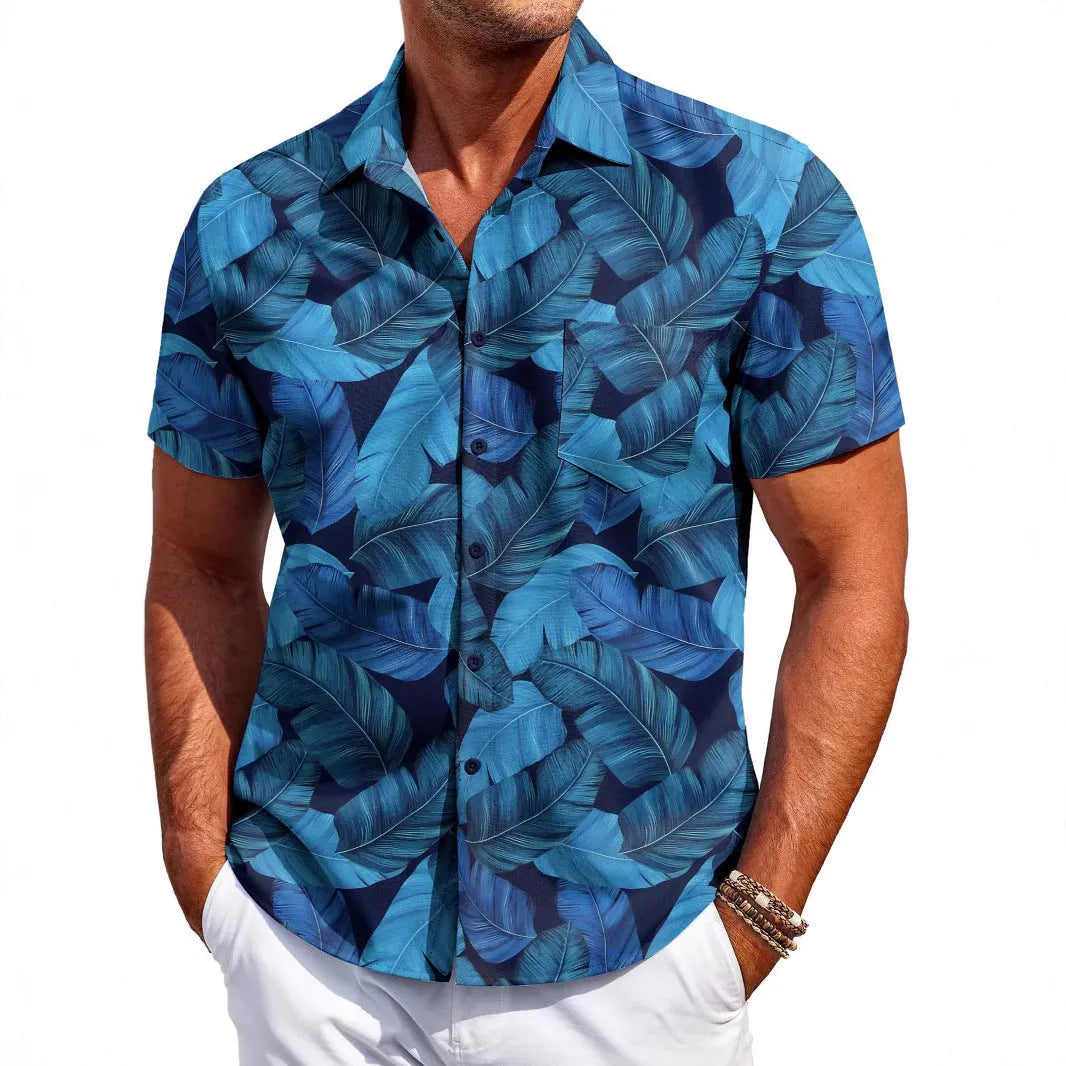 A man's slim-fit short-sleeve Hawaiian shirt in a cardigan style, available in multiple colours.