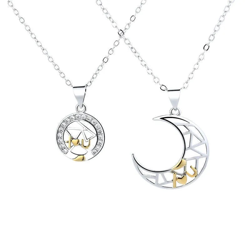 Copper sun and moon couple necklace with electroplated finish on cross chain