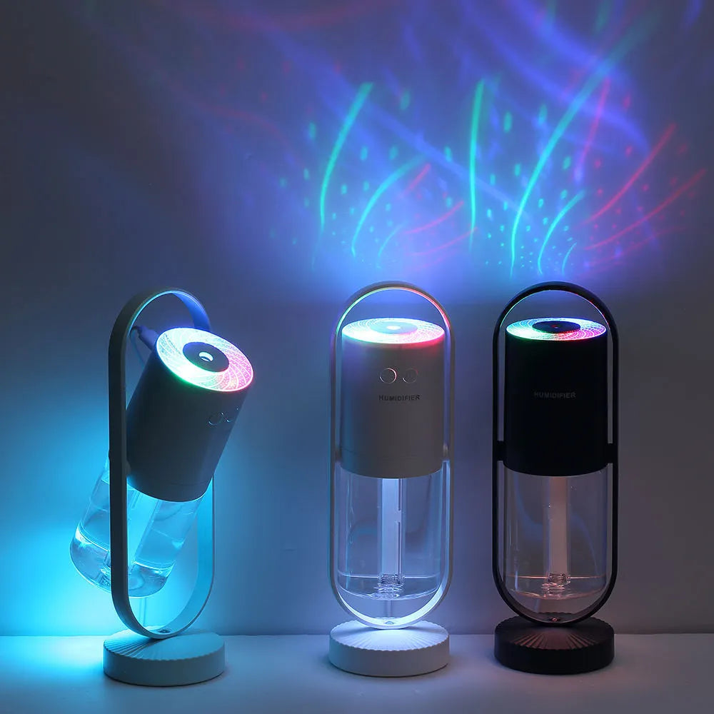 200ml portable USB humidifier with colourful light showing pink, dark blue, sky blue, and white colour options