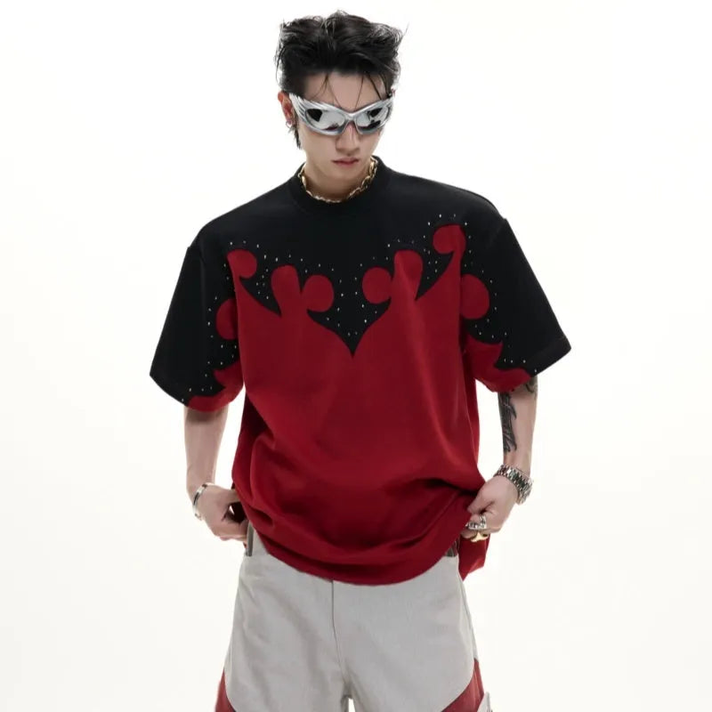 Men's cotton t-shirt with burnt flower rhinestone stitching and three-dimensional embroidery design in red colour