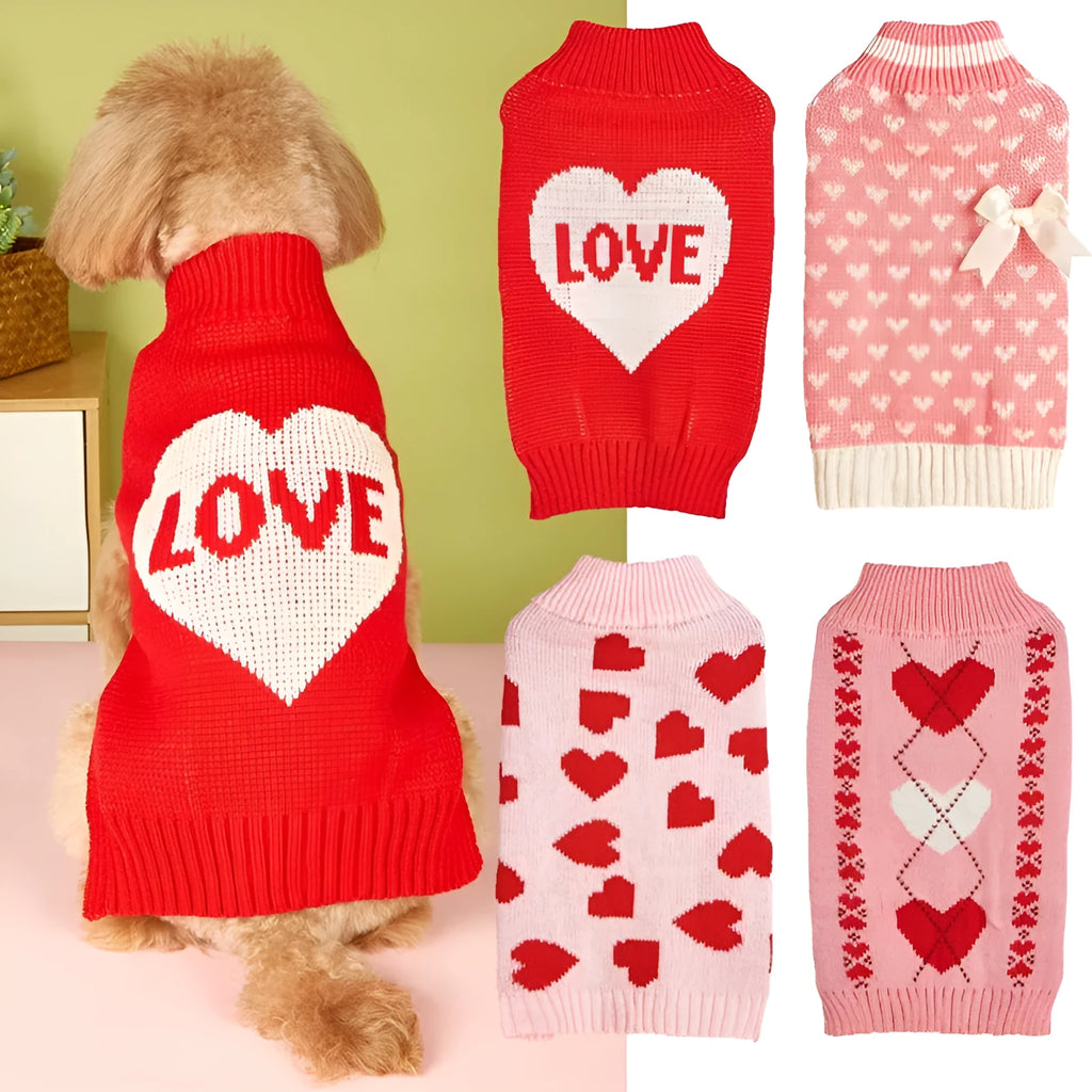 Small dog wearing an acrylic sweater with pink bow and love heart design