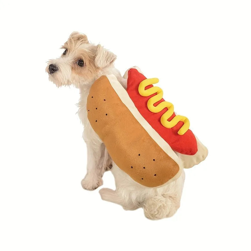 Small dog wearing funny hot dog costume with fleece lining for winter indoor events