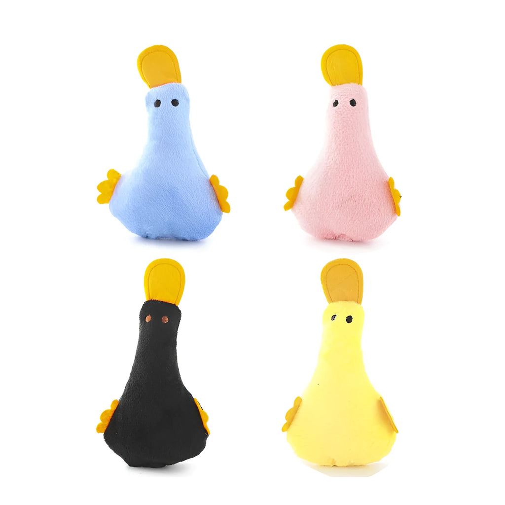 Plush duck dog and cat toy with catnip filling, squeaker, and rattle in blue, pink, yellow, or black