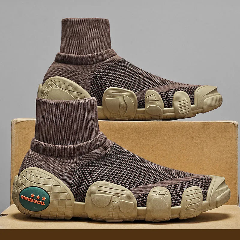 Breathable knitted mesh sneakers for men in army green, mid-top flat heel, round toe, colour blocking detail