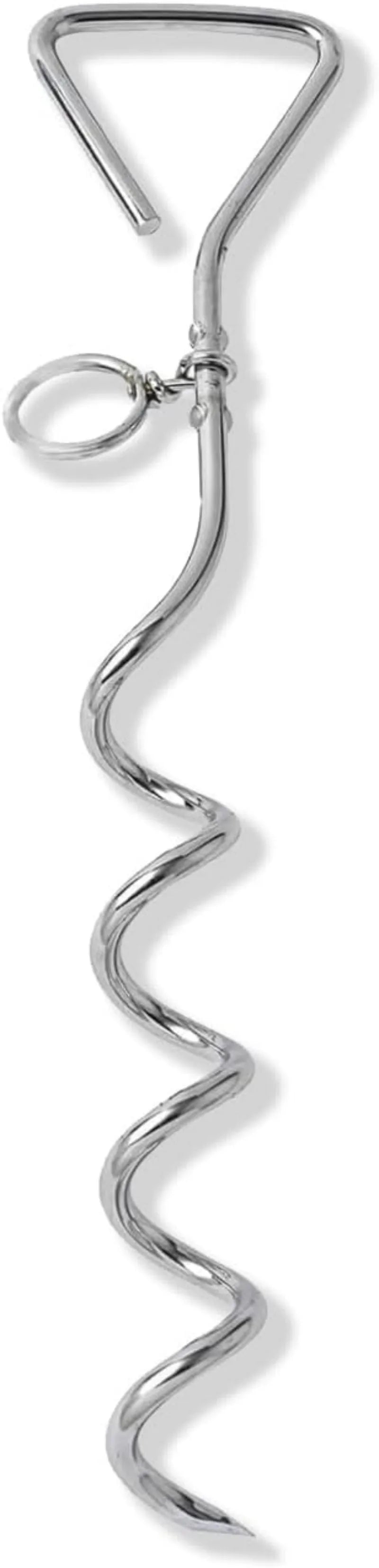 Silver spiral dog tie out stake made of steel, shown screwed into sandy ground with a leash attached.