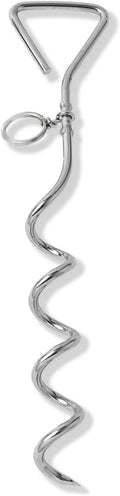 Silver spiral dog tie out stake made of steel, shown screwed into sandy ground with a leash attached.