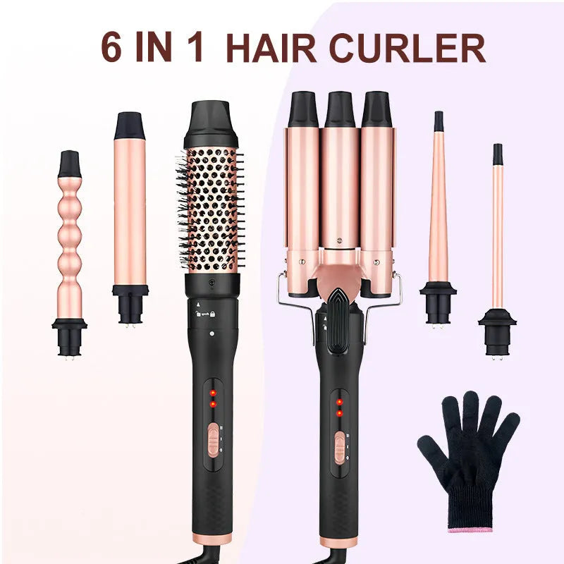 Three-tube water wave hair curler set with wired power connection for home styling