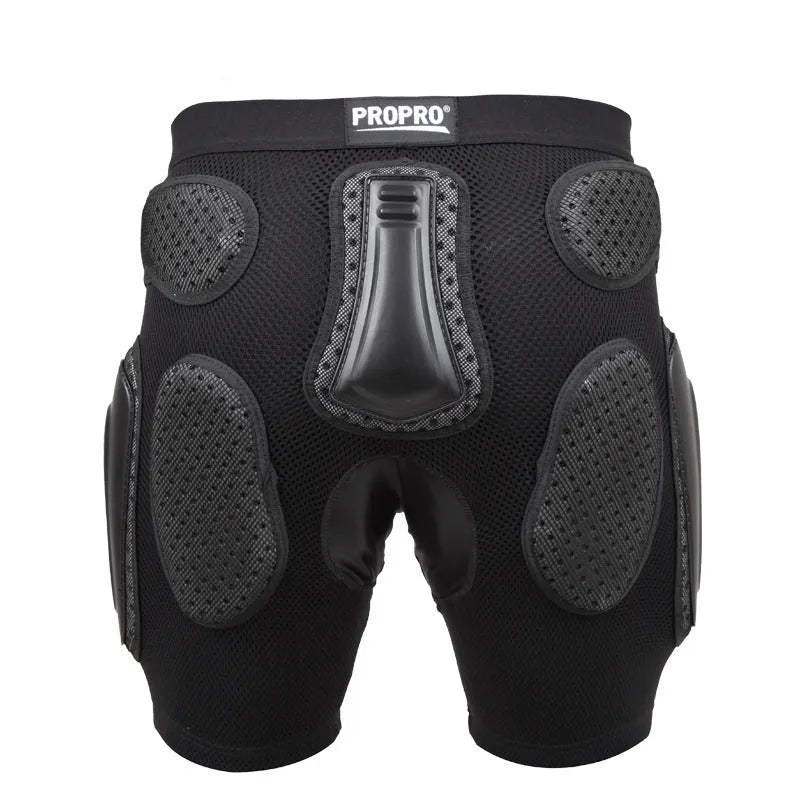 Black cycling hip protection pants with adjustable waistband and side-release buckle.