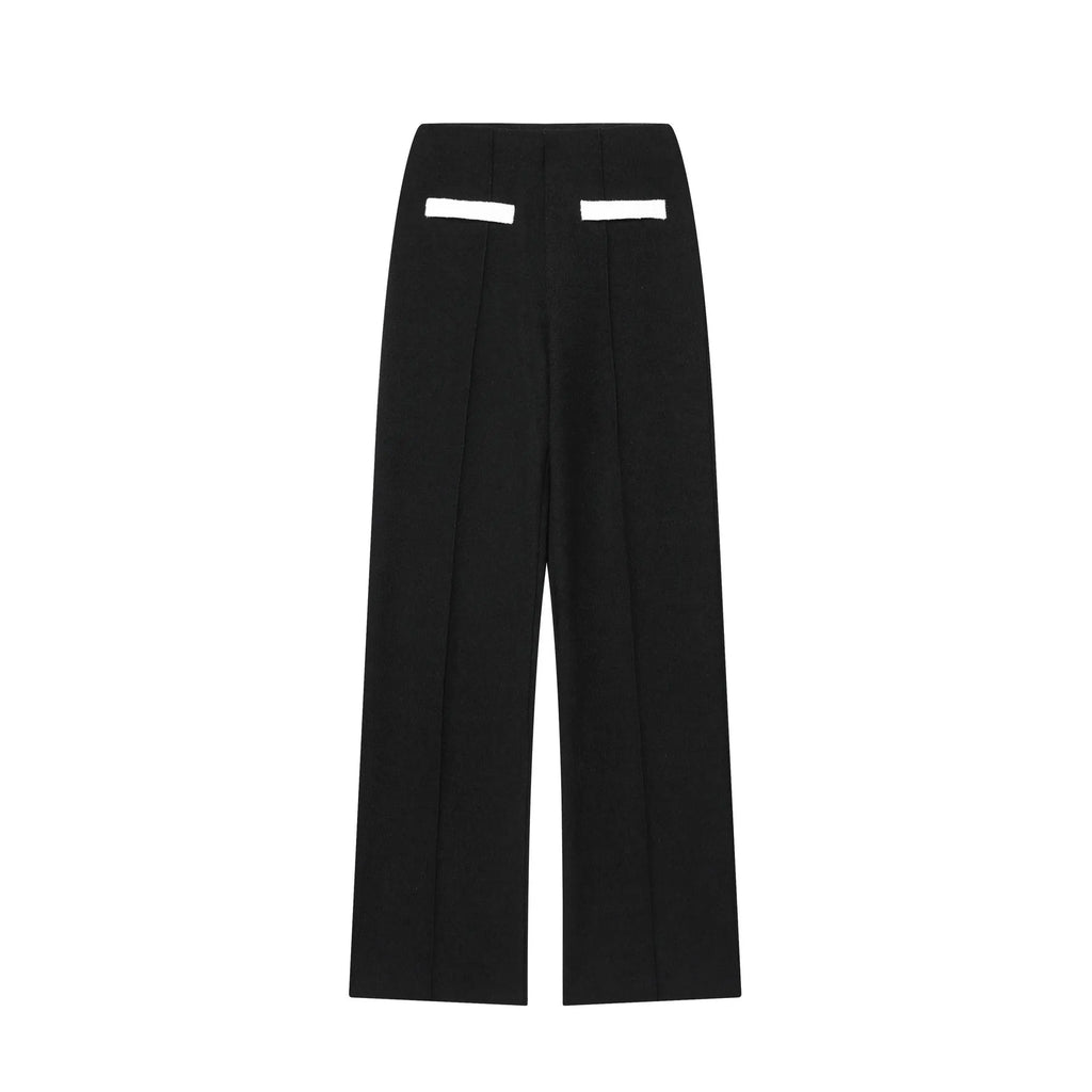 Women's polyester street fashion suit with beaded leather neck top and contrast colour high-waisted trousers