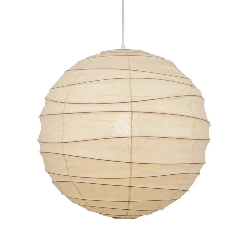 Japanese-style spherical rice paper chandelier pendant light in a living room setting.