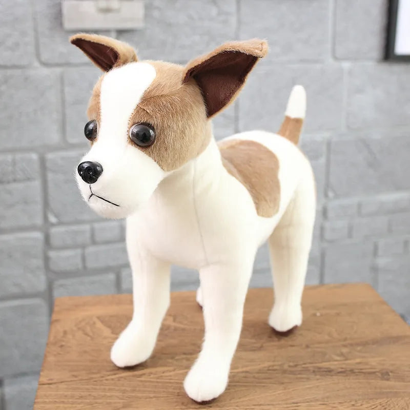 Dressing artificial dog plush toy in mink fur, bulldog style, large size 55-60cm, displayed on a surface