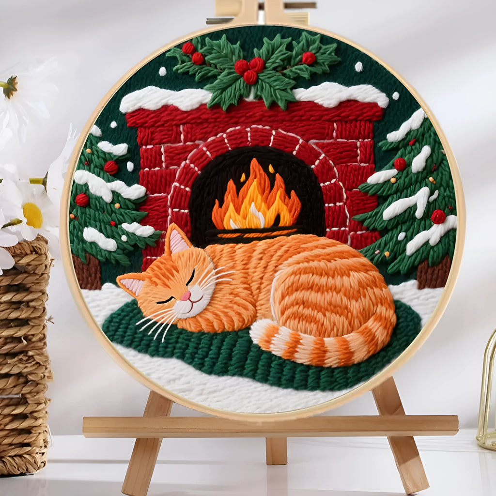 Cotton linen embroidery material package showing autumn fruit patterns for cat-themed DIY projects