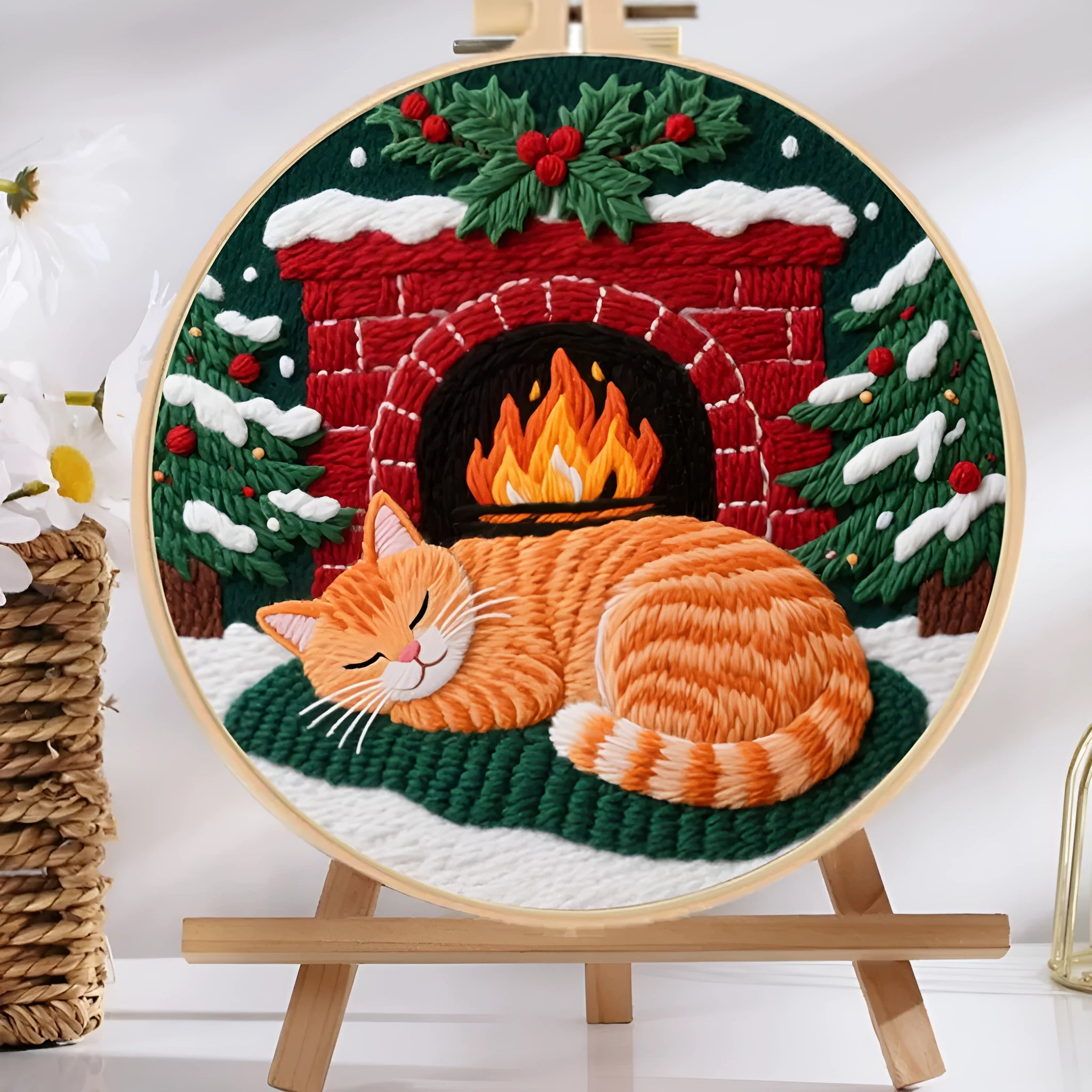 Cotton linen embroidery material package showing autumn fruit patterns for cat-themed DIY projects