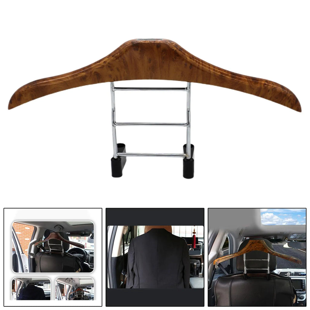 Wood yellow stainless steel car hanger for suits and coats mounted on a car seat headrest