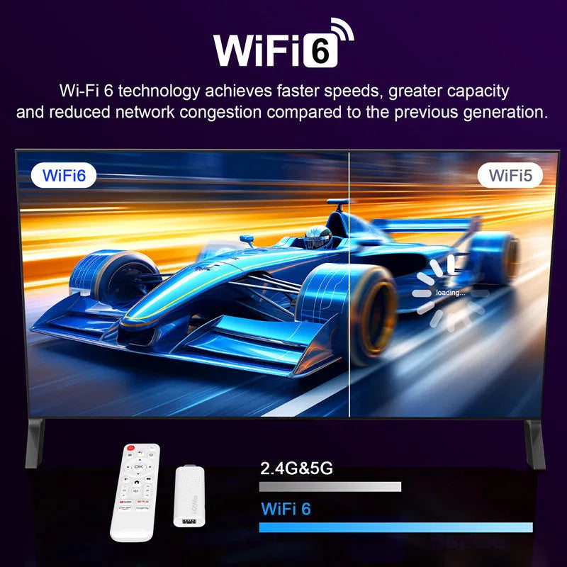 H96Max H313 set-top box with voice remote control and HDMI cable on a table