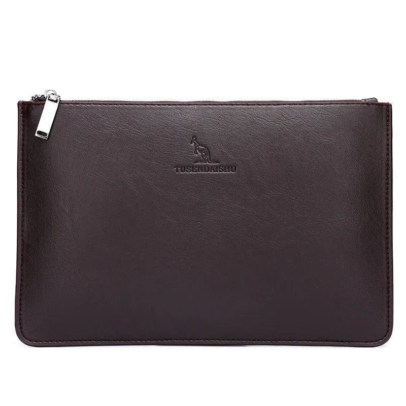 Men's soft PU leather clutch wallet with checkered pattern showing six card slots and zipper pocket