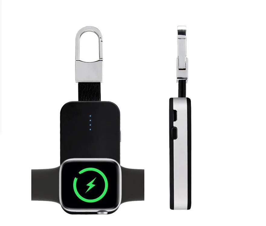 Black Apple Watch portable wireless charger keychain with keyring, shown next to an Apple Watch.