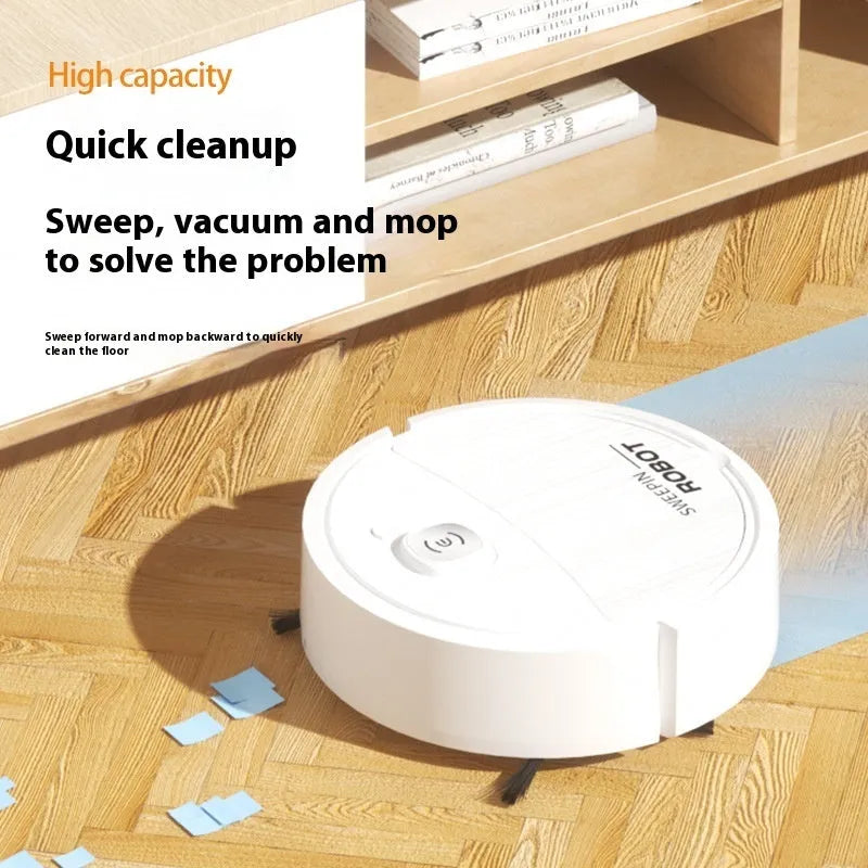 Mini sweeping robot vacuum in white with edge brush and fibre mop on hard floor