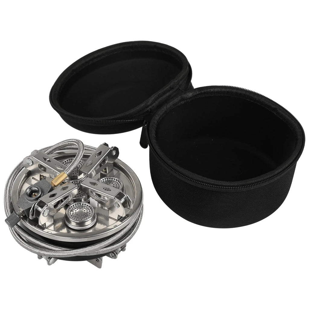 Silver portable split stove for outdoor camping, shown with a foldable design and hose.