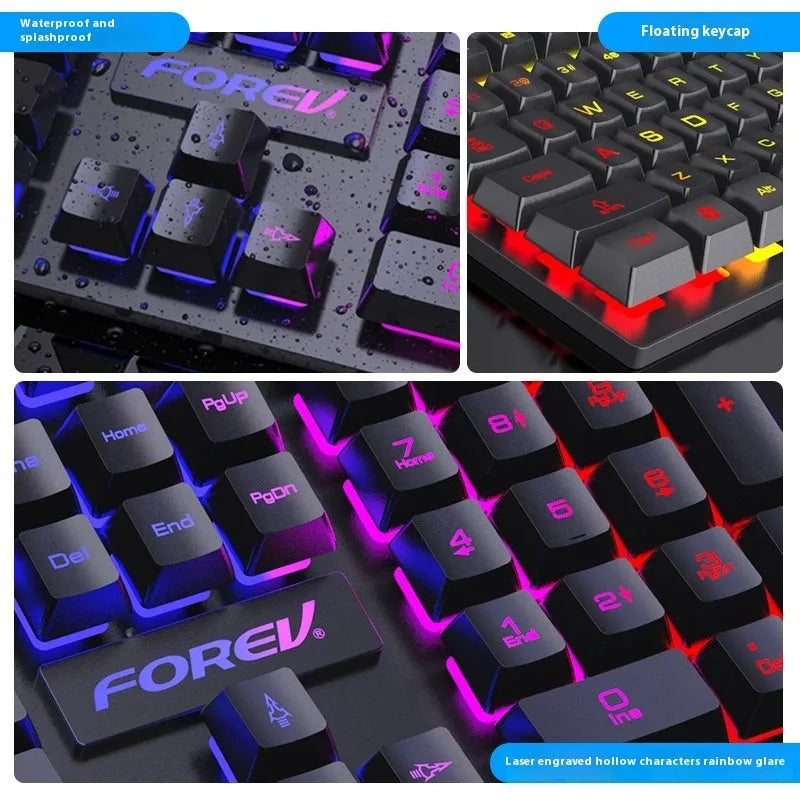 Black portable gaming keyboard with backlit keys and gaming mouse set on desktop
