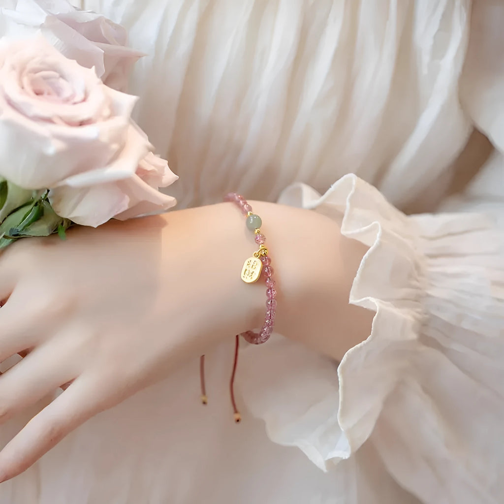 Women's strawberry quartz and garnet bracelet on red rope cord handmade jewellery