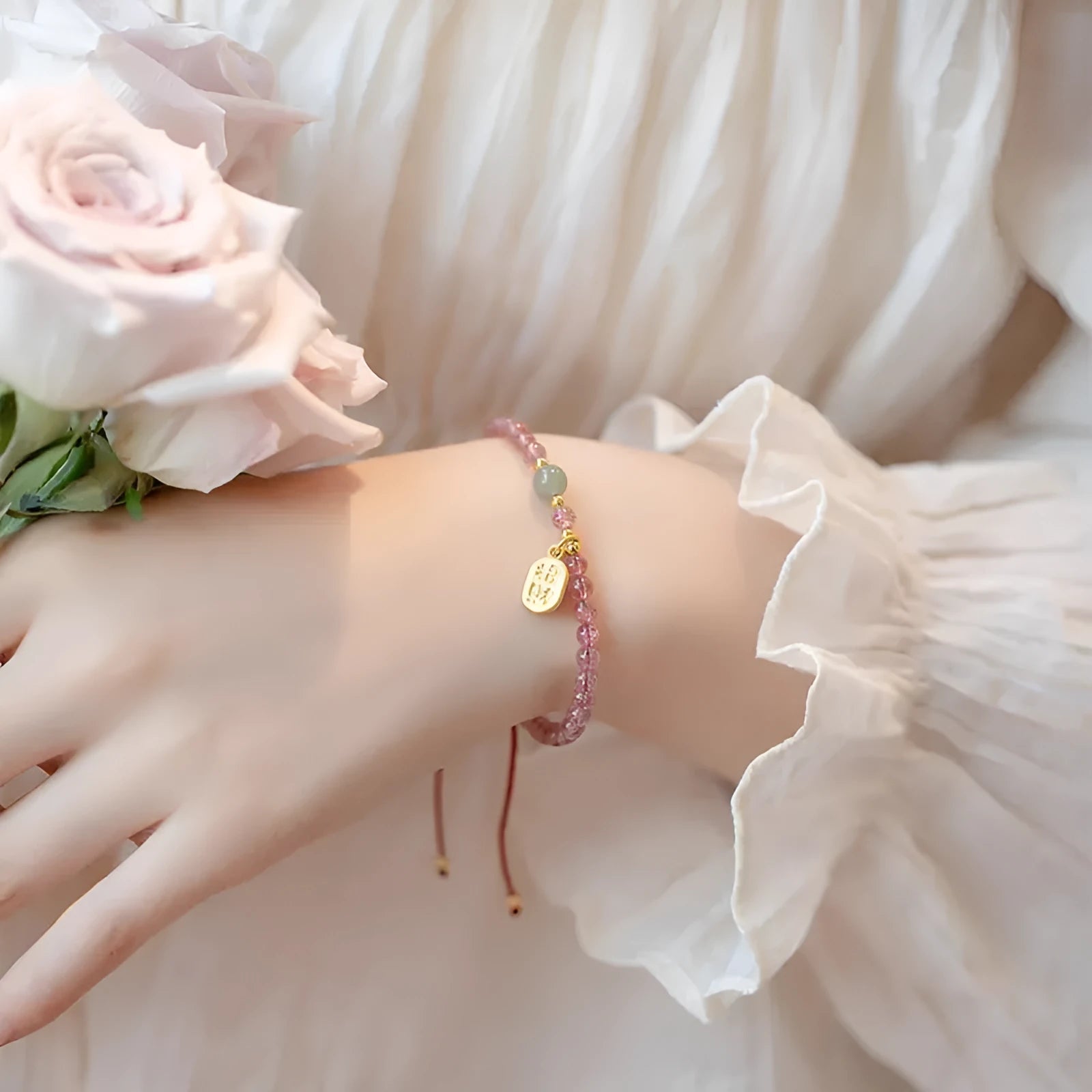 Women's strawberry quartz and garnet bracelet on red rope cord handmade jewellery