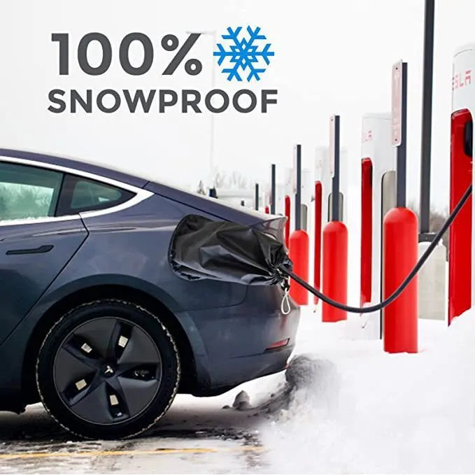 Grey waterproof drawstring cover for electric vehicle charging port.