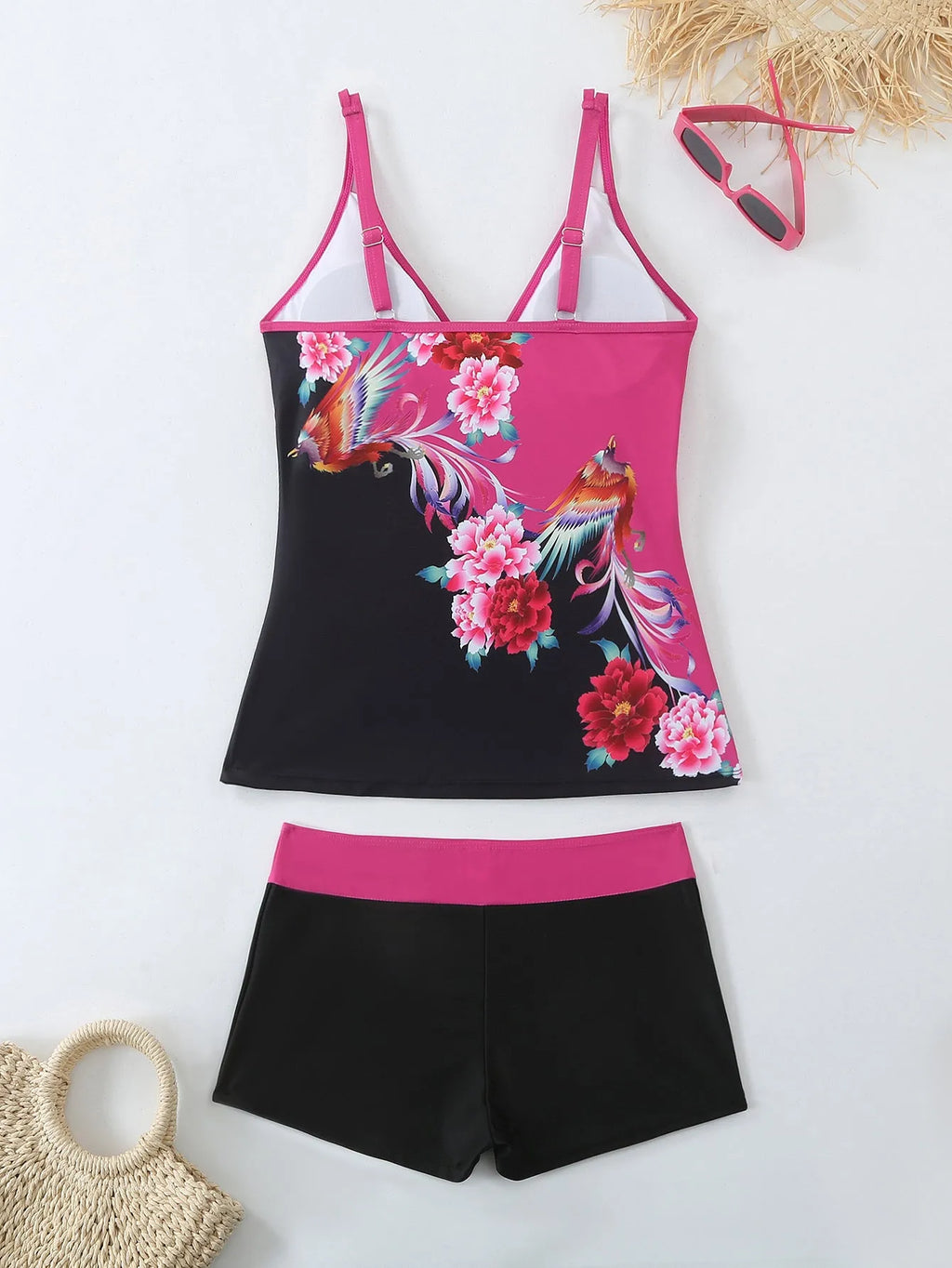 Plus size women's two-piece swimsuit in black or rose red with printed design