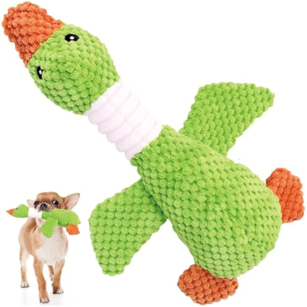 Blue, green or grey duck-shaped plush dog toy with two squeakers.