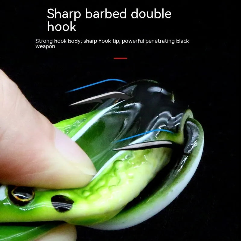 Bionic Real Thunder Frog Snake Head double hook fishing lure in grass green and black yellow dots colours
